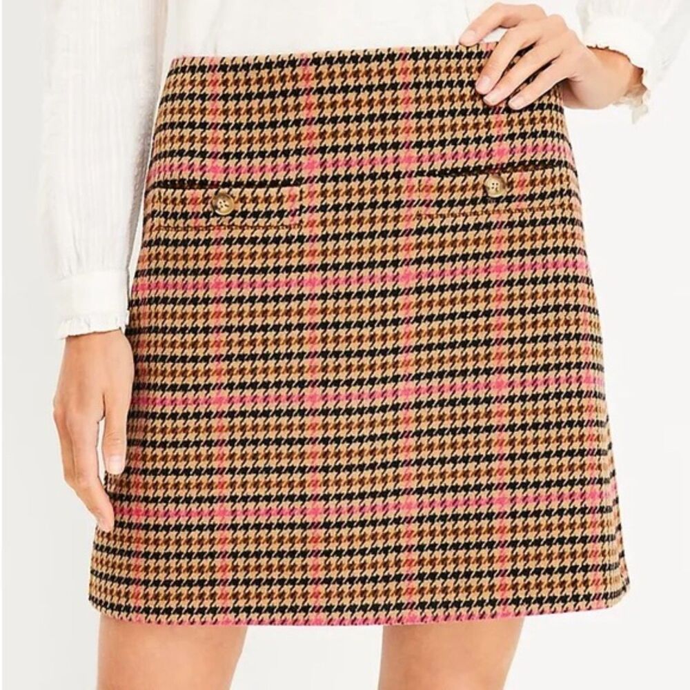LOFT Perfect Camel Plaid Houndstooth Wool Blend Welt Pocket Skirt Sz 14 Retro